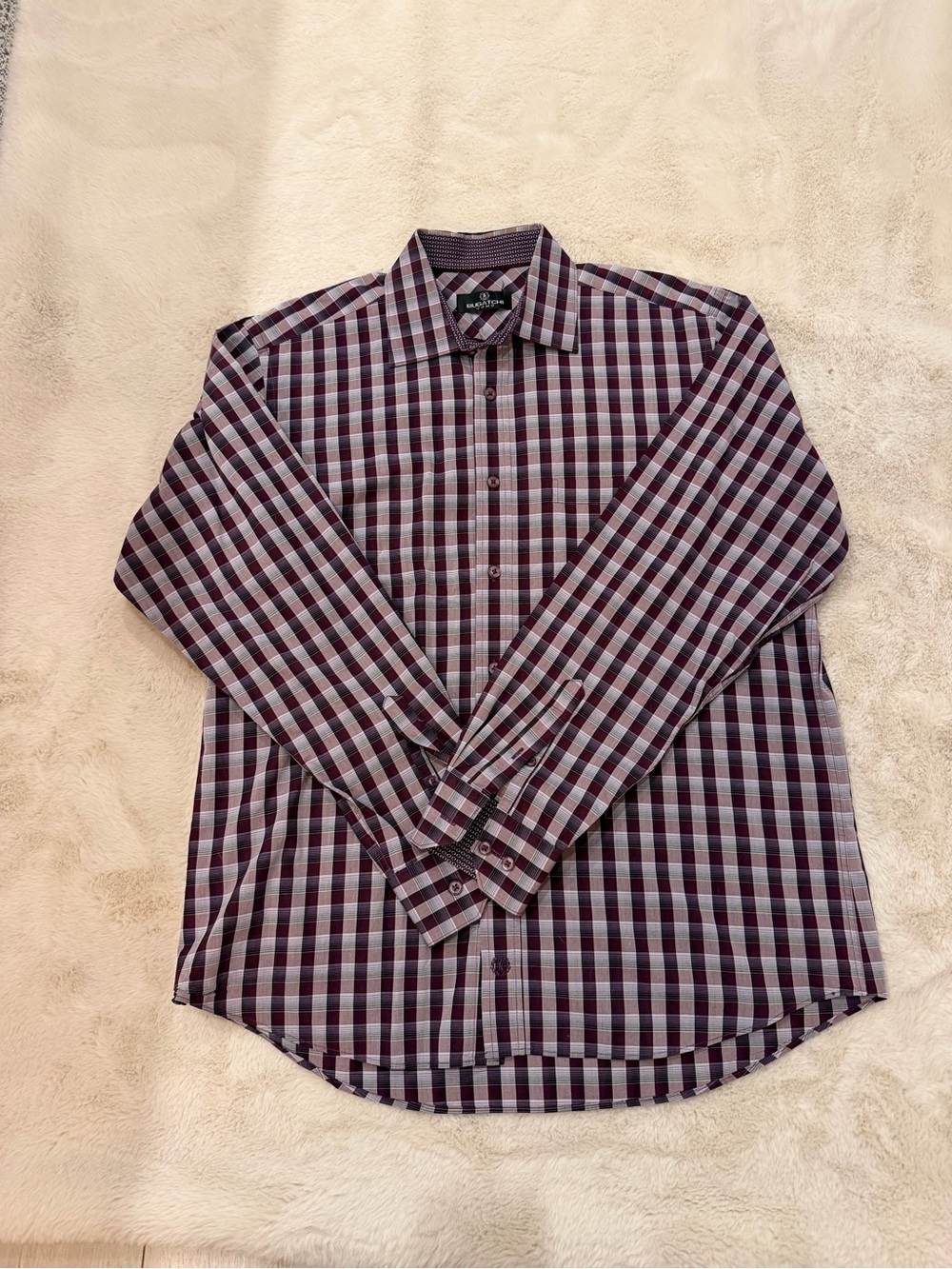 Bugatchi Men’s Long-Sleeve Plaid Button-Down Shirt in Maroon and Gray